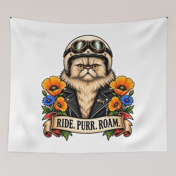 Aperçu de l'œuvre Ride Purr Roam Vintage Biker Cat Tattoo créée et vendue par Old's Cool Cat Studio.