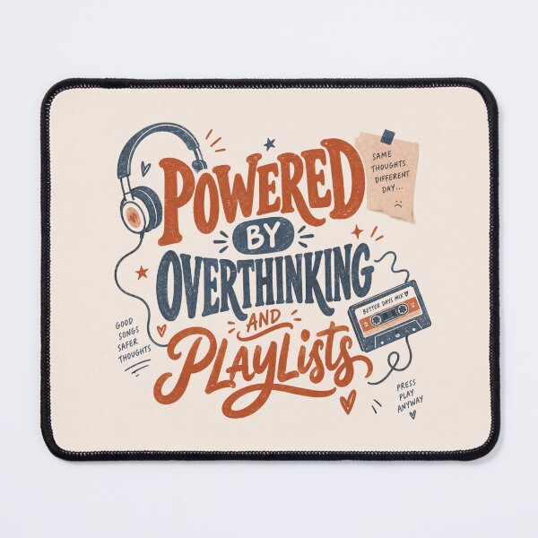 Item preview, Powered By Overthinking And Playlists Funny Typography Tee designed and sold by Fanverse Merchandise.