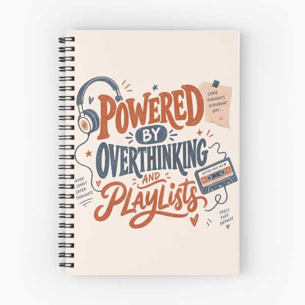 Item preview, Powered By Overthinking And Playlists Funny Typography Tee designed and sold by Fanverse Merchandise.