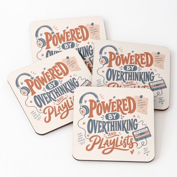 Item preview, Powered By Overthinking And Playlists Funny Typography Tee designed and sold by Fanverse Merchandise.