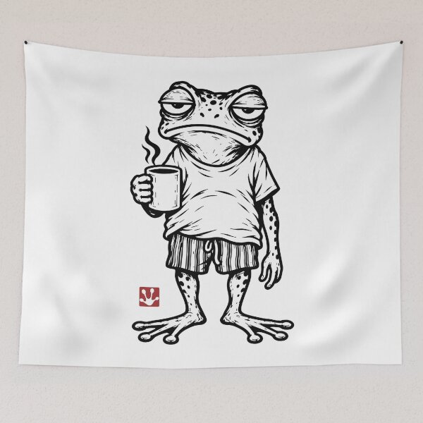Item preview, Copy of Morning Rude Funny Tired Frog Coffee Vintage Linocut designed and sold by Kumabushi.