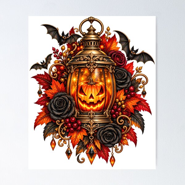 Item preview, Gothic Halloween Lantern – Glowing Pumpkin, Roses & Autumn Leaves designed and sold by Clothes With Smiling Animals Walt Gral.