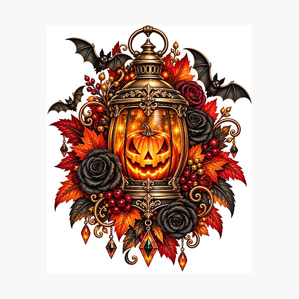 Item preview, Gothic Halloween Lantern – Glowing Pumpkin, Roses & Autumn Leaves designed and sold by Clothes With Smiling Animals Walt Gral.