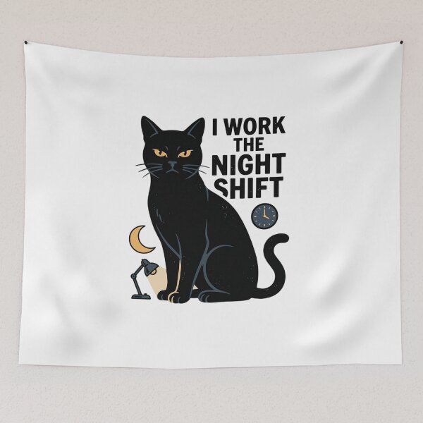 Item preview, Funny Black Cat I Work The Night Shift Quote Graphic designed and sold by mood-draftsman.