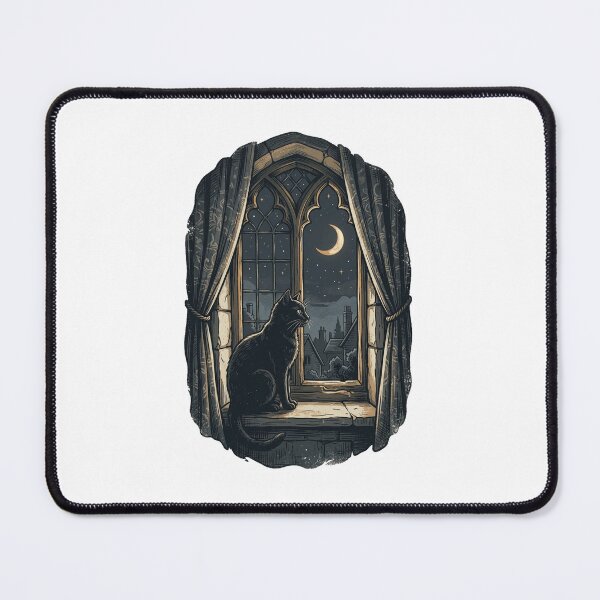 Item preview, Gothic Black Cat Gothic Arch Window Night Sky Illustration designed and sold by mood-draftsman.