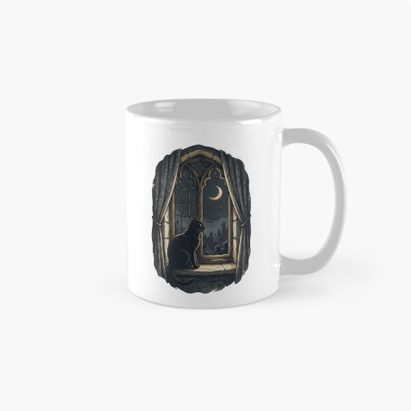 Item preview, Gothic Black Cat Gothic Arch Window Night Sky Illustration designed and sold by mood-draftsman.