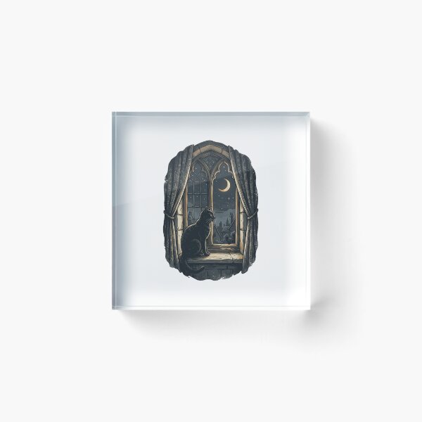 Item preview, Gothic Black Cat Gothic Arch Window Night Sky Illustration designed and sold by mood-draftsman.