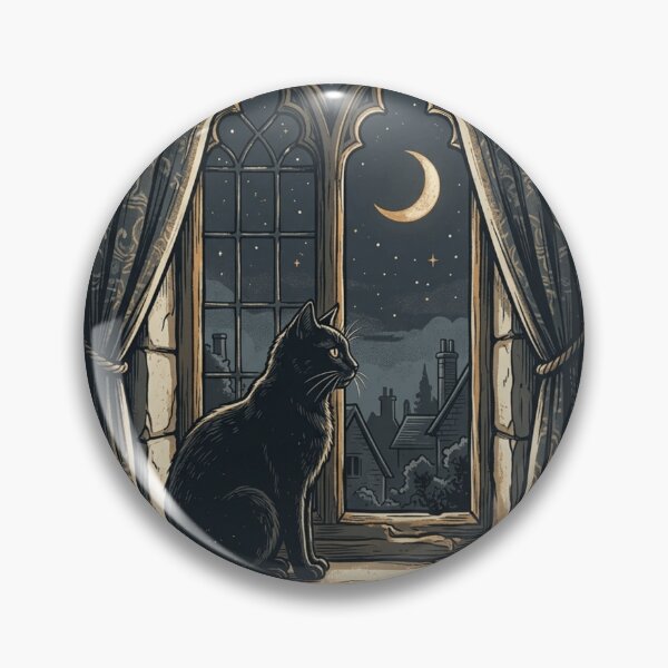 Item preview, Gothic Black Cat Gothic Arch Window Night Sky Illustration designed and sold by mood-draftsman.