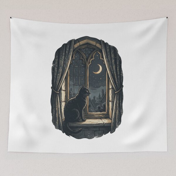 Item preview, Gothic Black Cat Gothic Arch Window Night Sky Illustration designed and sold by mood-draftsman.