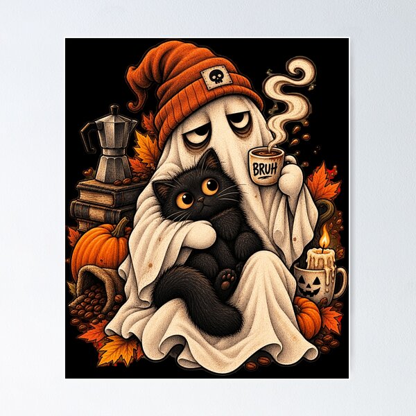 Item preview, Cute Ghost Hugging Black Cat Halloween Coffee Art designed and sold by DailySparks.