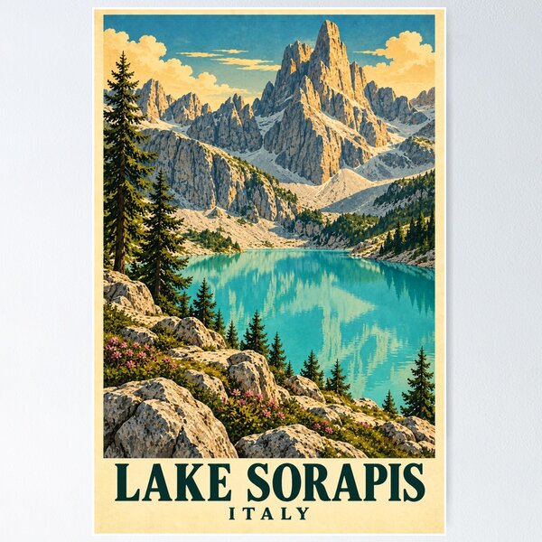 Item preview, Lake Sorapis Italy Vintage Travel Poster designed and sold by Dream City Prints.