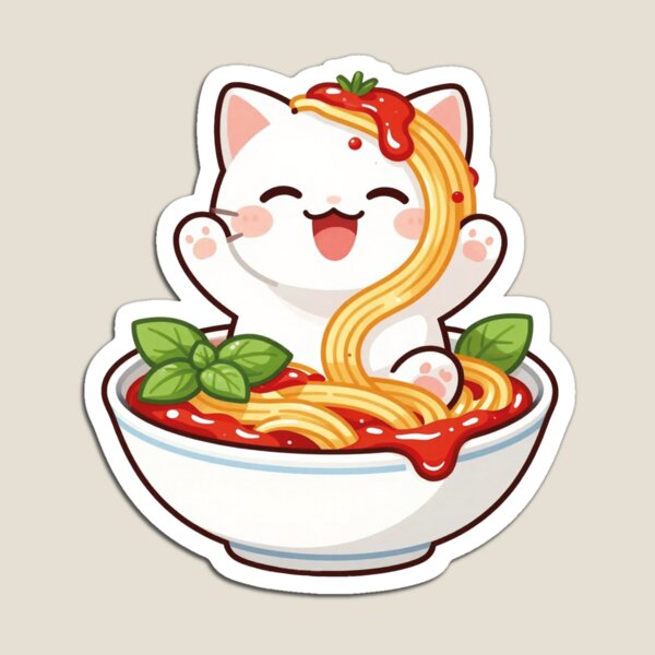 Item preview, cute kawaii cat in spaghetti bowl italian food illustration designed and sold by WildArtIT.