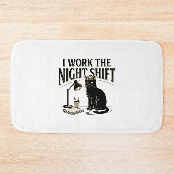 Item preview, Funny Black Cat I Work The Night Shift Desk Typography designed and sold by mood-draftsman.