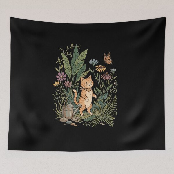 Item preview, Cottagecore Gardening Orange Cat Botanical Butterfly Illustration designed and sold by mood-draftsman.