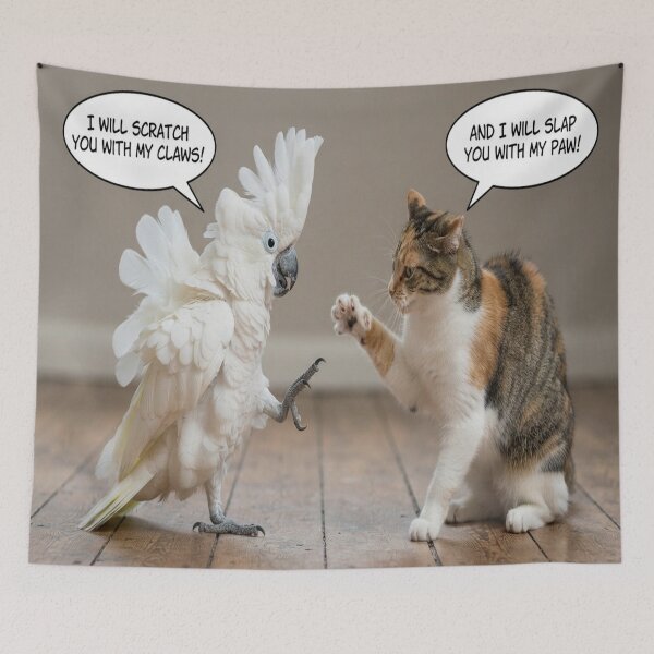 Item preview, Funny Cat and Cockatoo Argument Wildlife Humor Art designed and sold by AfresStudio.