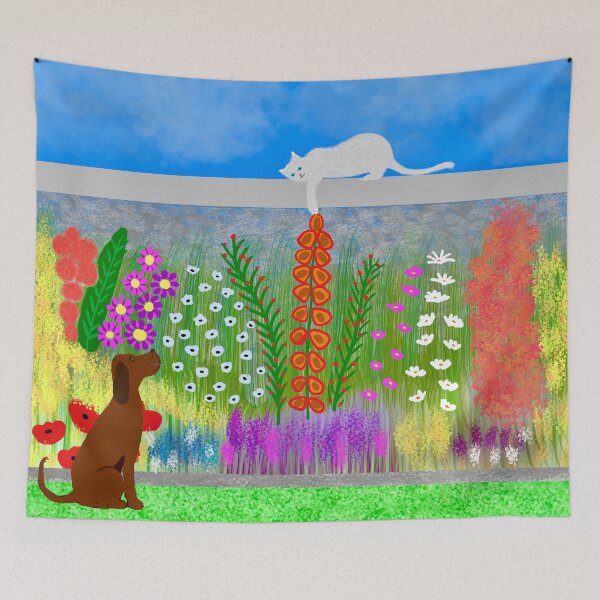 Item preview, Dog and Cat in Blooming Garden designed and sold by Elaine M Hayward .