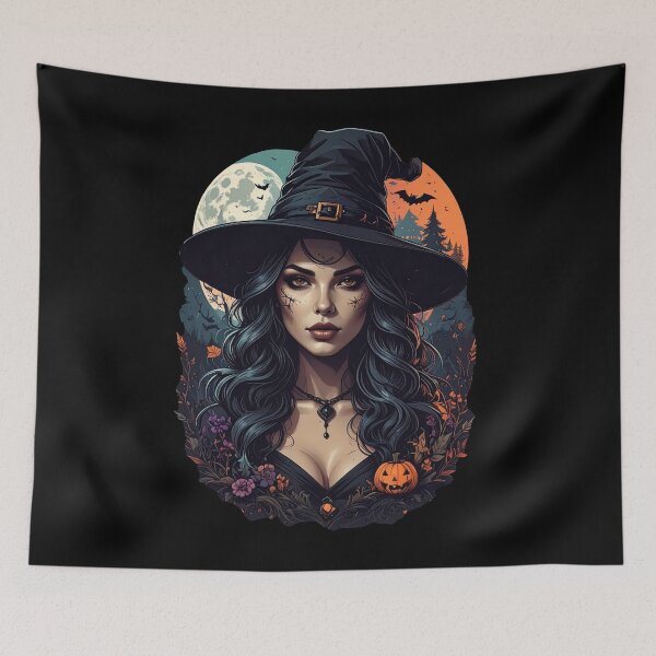 Item preview, Gothic Witch Portrait Halloween Full Moon Pumpkin Fantasy Art designed and sold by TripleMoonCrafts.