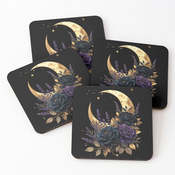 Item preview, Gold Crescent Moon Black Roses Lavender Celestial Floral Art designed and sold by TripleMoonCrafts.