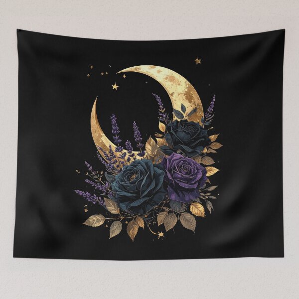 Item preview, Gold Crescent Moon Black Roses Lavender Celestial Floral Art designed and sold by TripleMoonCrafts.