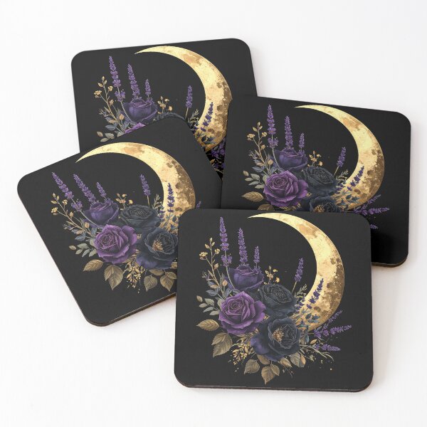 Item preview, Gold Crescent Moon Purple Roses Lavender Celestial Floral Art designed and sold by TripleMoonCrafts.