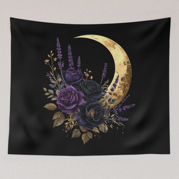 Item preview, Gold Crescent Moon Purple Roses Lavender Celestial Floral Art designed and sold by TripleMoonCrafts.