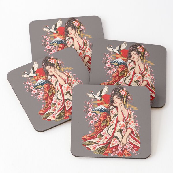 Artikelvorschau, Japanischer Kranich & Kirschblüten-Kimono-Mädchen – Berg Fuji-Kunst entworfen und verkauft von Ghostwave Atelier.