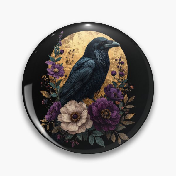 Item preview, Black Raven Gold Moon Purple Floral Gothic Bird Art designed and sold by TripleMoonCrafts.