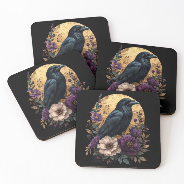 Item preview, Black Raven Gold Moon Purple Floral Gothic Bird Art designed and sold by TripleMoonCrafts.