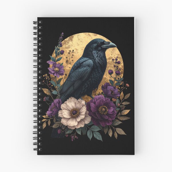 Item preview, Black Raven Gold Moon Purple Floral Gothic Bird Art designed and sold by TripleMoonCrafts.