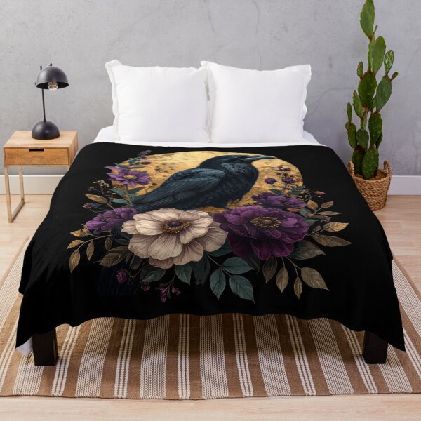 Item preview, Black Raven Gold Moon Purple Floral Gothic Bird Art designed and sold by TripleMoonCrafts.