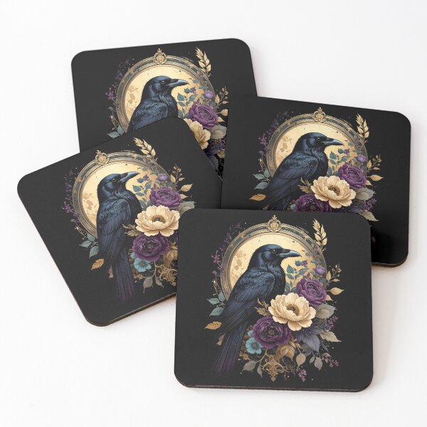 Item preview, Black Raven Gold Moon Floral Gothic Bird Art designed and sold by TripleMoonCrafts.
