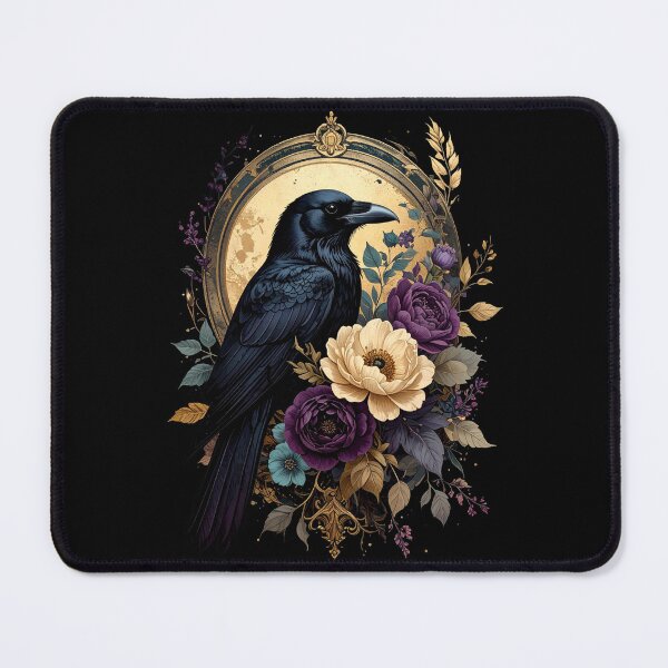 Item preview, Black Raven Gold Moon Floral Gothic Bird Art designed and sold by TripleMoonCrafts.