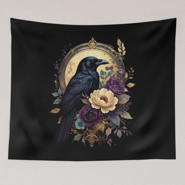 Item preview, Black Raven Gold Moon Floral Gothic Bird Art designed and sold by TripleMoonCrafts.