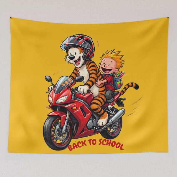 Item preview, Back to School Boy and Tiger Motorcycle Ride – Funny Nostalgic Art designed and sold by BLUESKY11a.