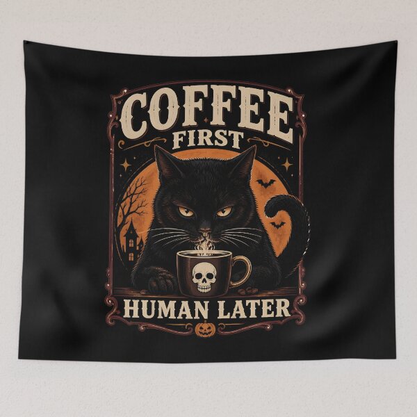 Aperçu de l'œuvre Sérigraphie rétro Chat Noir d'Halloween Coffee First créée et vendue par LiviuGligoros.