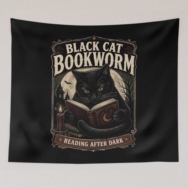 Item preview, Black Cat Bookworm Black Cat Halloween Retro Screen Print designed and sold by BernoNickel.