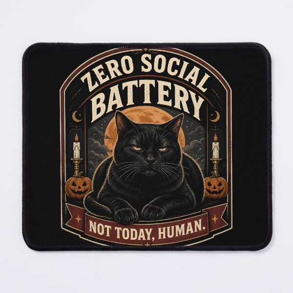 Item preview, Zero Social Battery Black Cat Halloween Retro Screen Print designed and sold by RoyesButler.