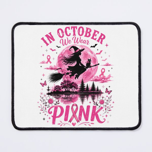 Item preview, In October We Wear Pink Flying Witch Moon Breast Cancer Halloween designed and sold by DYAFLK.