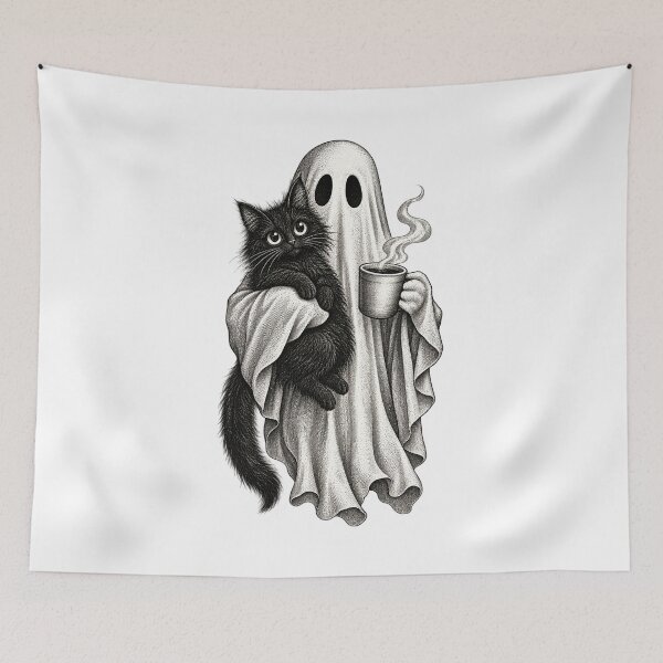 Item preview,  halloween Ghost Holding a Black Cat and Coffee Spooky designed and sold by SOUFIANE1991.