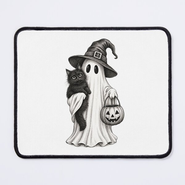 Item preview, Vintage Halloween Ghost Holding Black Cat and Pumpkin Witch Hat designed and sold by SOUFIANE1991.