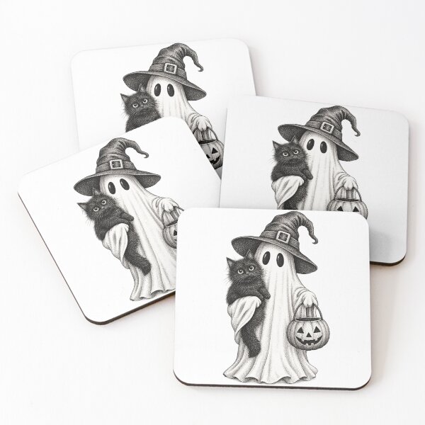 Item preview, Vintage Halloween Ghost Holding Black Cat and Pumpkin Witch Hat designed and sold by SOUFIANE1991.