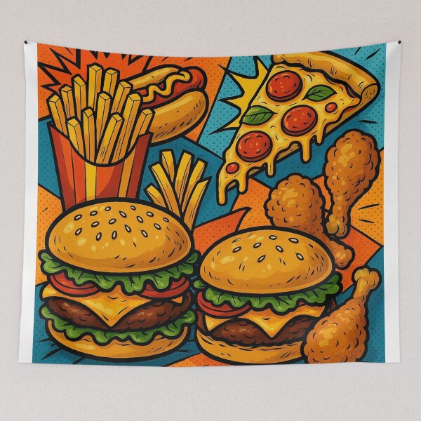 Item preview, Retro Comic Fast Food Montage Featuring Burgers, Pizza, and Fried Delights designed and sold by werlatumarkbal.