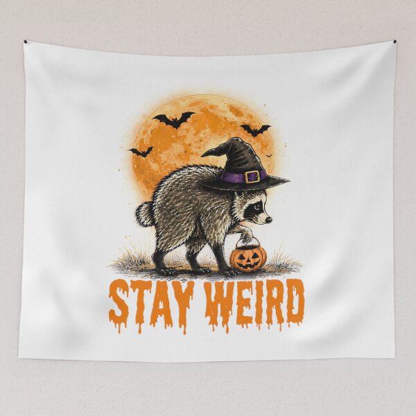 Item preview, Stay Weird Funny Raccoon Witch Hat Vintage Halloween Moon designed and sold by DYAFLK.
