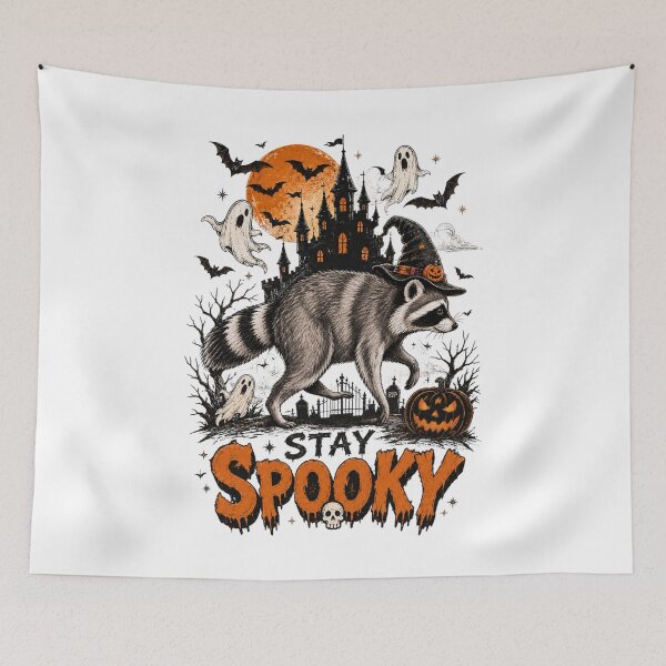 Item preview, Stay Spooky Funny Raccoon Vintage Haunted House Halloween Moon designed and sold by DYAFLK.