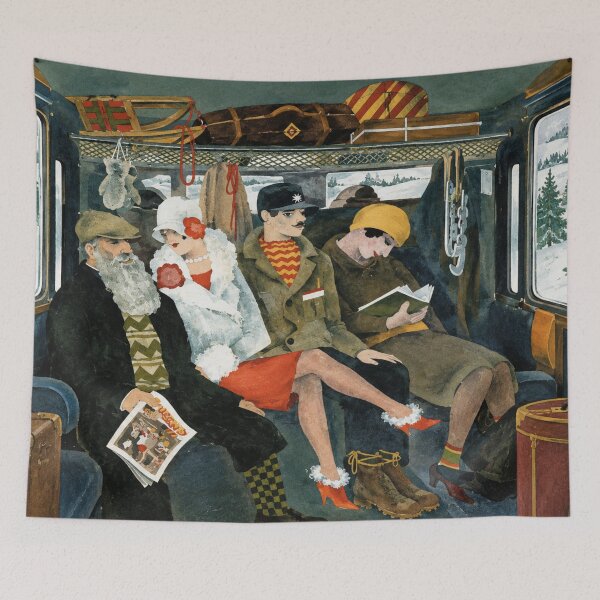 Aperçu de l'œuvre Illustration murale vintage sur le thème du voyage, représentant un voyage en train dans les années 1920, style Art déco. créée et vendue par RickE.