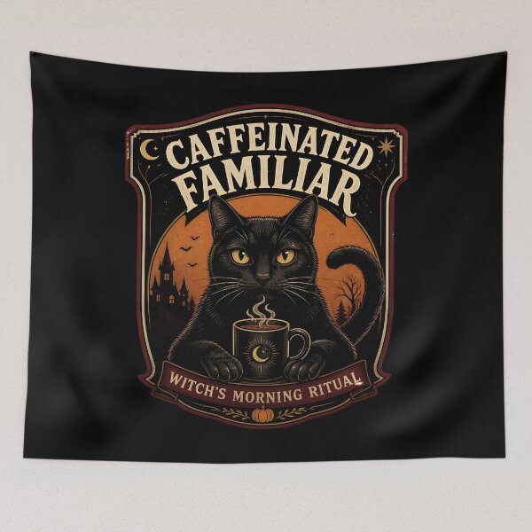 Item preview, Caffeinated Familiar Black Cat Halloween Retro Screen Print designed and sold by LiviuGligoros.
