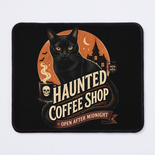 Item preview, Haunted Coffee Shop Black Cat Halloween Retro Screen Print designed and sold by LiviuGligoros.