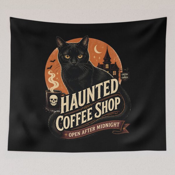 Item preview, Haunted Coffee Shop Black Cat Halloween Retro Screen Print designed and sold by LiviuGligoros.