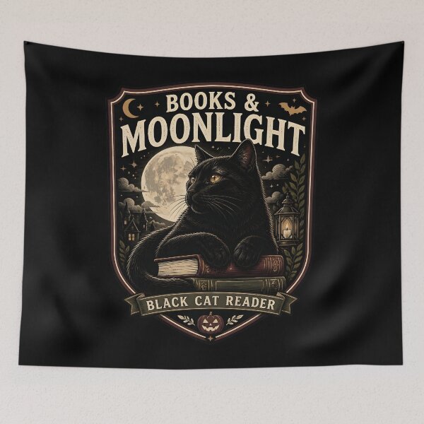 Item preview, Books & Moonlight Black Cat Halloween Retro Screen Print designed and sold by BernoNickel.