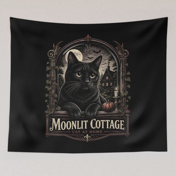 Item preview, Moonlit Cottage Black Cat Halloween Gothic Engraving designed and sold by KristenosNehk.